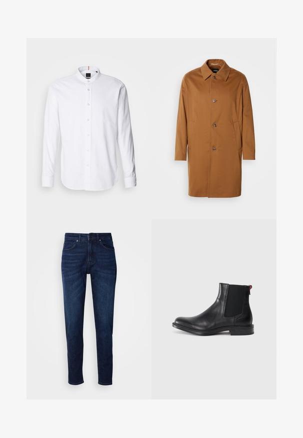 Brun trenchcoat med krave, to sidelommer og tre frontknapper. Fremstillet af glat stof og med et lige snit.; Hvid langærmet skjorte med bandkrave, knaplukning fortil og rund kant. Lavet af bomuld, med en glat struktur og subtil glans.; Mørkeblå denimbukser med lige ben, der har lommer og knaplukning i taljen. Blød tekstur, minimal falming.; Sort læder Chelsea-støvle med elastiske sidepaneler, afrundet tå og lav, stablet hæl. Har en rød løftestrop og subtil branding på siden.
