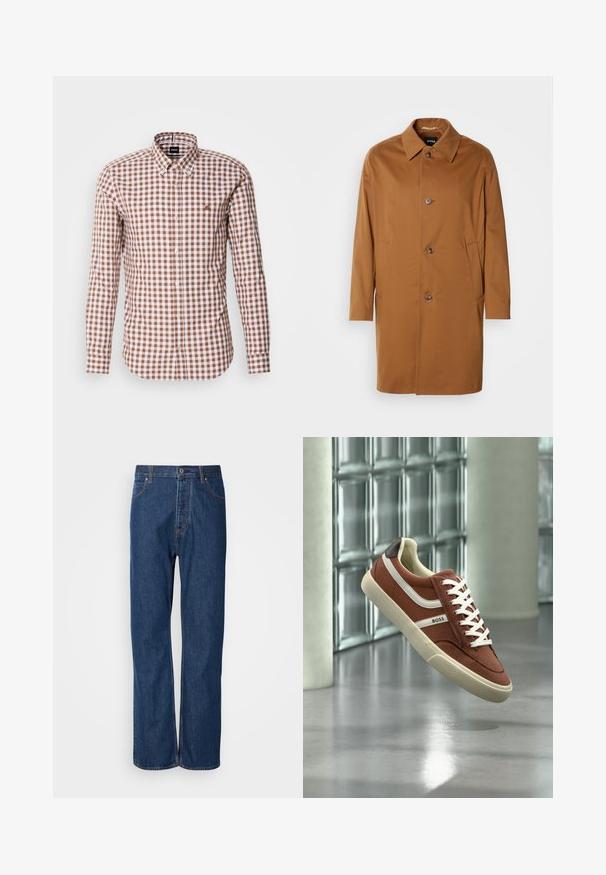 Brun trenchcoat med krave, to sidelommer og tre frontknapper. Fremstillet af glat stof og med et lige snit.; Brun og hvid ternet langærmet skjorte med knap-ned krave og broderet logo på brystet. Bomuldsstoffets tekstur.; Blå denim jeans med lige ben, der har en knaplukning, fem lommer og kontraststikninger langs sømmene.; Brun og hvid lav sneaker med hvide snørebånd og "BOSS"-logo, vist mod en moderne glasblokvæg og poleret gulv.