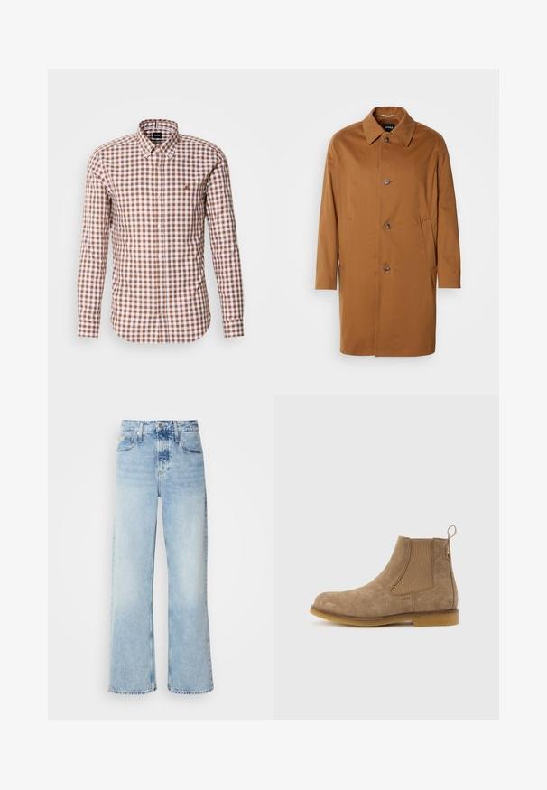 Brauner Trenchcoat mit Kragen, zwei Seitentaschen und drei vorderen Knöpfen. Hergestellt aus glattem Stoff, mit einem geraden Schnitt.; Braun- und weiß kariertes Langarmhemd mit Button-Down-Kragen und gesticktem Logo auf der Brust. Baumwollstoffstruktur.; Helle blaue weite Jeans mit hoher Taille, in verwaschenem Finish, mit Gürtelschlaufen und klassischem Fünf-Taschen-Design. Der Saum ist ungesäumt.; Hellbrauner Chelsea-Stiefel aus Wildleder mit elastischen Seitenpaneelen, Zuglasche an der Ferse und Gummisohle.
