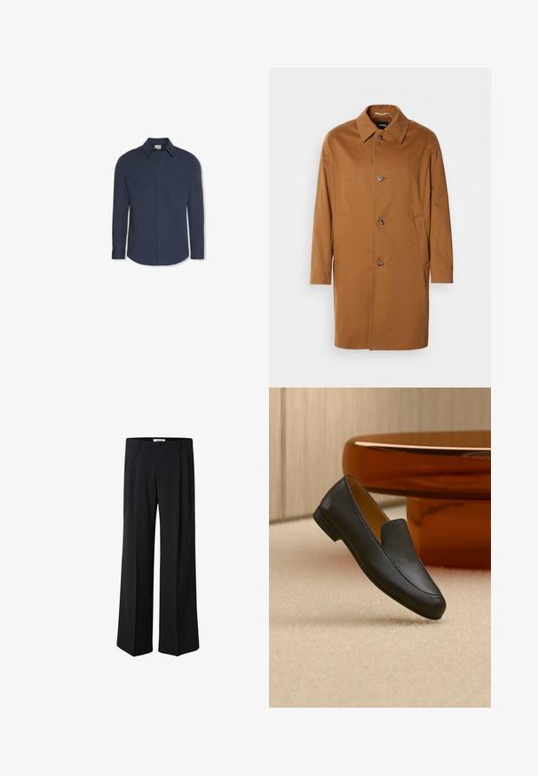 Bruine trenchcoat met een kraag, twee zijzakken en drie knopen aan de voorkant. Gemaakt van een gladde stof, met een rechte snit.; Marineblauw herenshirt met lange mouwen, puntige kraag, knoopsluiting aan de voorkant en een enkele borstzak.; Zwarte wijde pantalon met zoom, voorzien van een knoopsluiting aan de voorkant, ritssluiting, riemlussen en subtiele plooien aan de voorkant.; Zwarte leren loafer die rust op een beige tapijt met een glanzende bruine ronde tafel op de achtergrond.