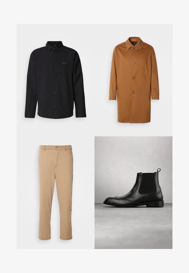 Pruun trench coat kraega, kahe külgtasku ja kolme esimbutiga. Valmistatud siledast kangast, sirge lõikega.; Mustvalge pika varrukaga särk, millel on nööbitav esitasku ja krae; peene musta värvi "BOSS" logo. Sile kangas ja kohandatud sobivus.; Bežid puuvillased püksid sirge sääre disainiga, eeslukuga ja nööbiga kinnitamine, pööratud allääred ja kaks külg-taskut.; Mustast nahast Chelsea-tüüpi saapas brogue-detailidega, elastsete külgpanelite, tõmblinaga ja madala kontsaga, pildil õhus kaasaegse siseruumipõranda taustal.