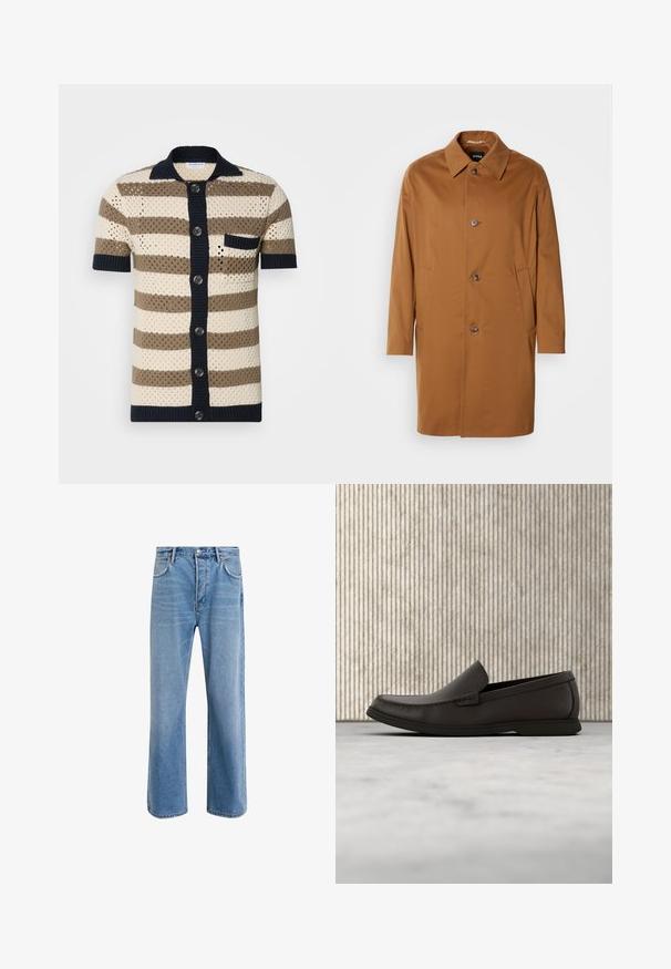 Brun trenchcoat med krave, to sidelommer og tre frontknapper. Fremstillet af glat stof og med et lige snit.; Kortærmet, knap-op strik cardigan i creme, brun og marineblå striber. Har et struktureret væv og en enkelt brystlomme.; Lyseblå denim jeans med lige ben-design, fem lommer, knaplukning, minimal falming og kontraststingdetaljer.; Mørkebrun læderloafers med en rund tå, diskrete syninger og en lav gummisål. Glat tekstur med en fleksibel pasform.