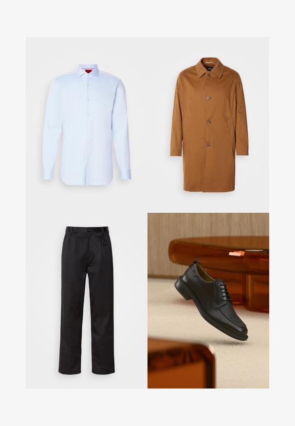 Abrigo trench marrón con cuello, dos bolsillos laterales y tres botones en la parte delantera. Está hecho de una tela suave y presenta un diseño de corte recto.; Camisa de botones de manga larga en azul claro con cuello extendido, dobladillo redondeado y botones blancos. Tejido suave con un brillo sutil.; Pantalones negros de tela suave, con cierre delantero de botón, pliegues y patas rectas. Sin patrones ni acentos visibles.; Zapato de vestir negro de piel con cordones y parte delantera texturizada, flotando sobre una alfombra beige en una habitación moderna con muebles de tono ámbar.