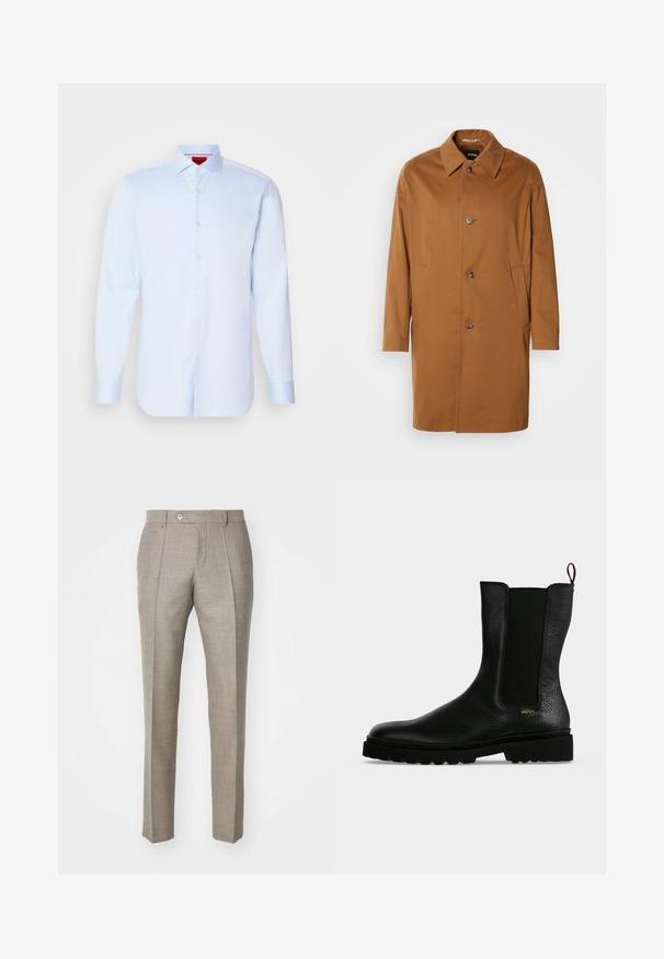 Brun trenchcoat med krave, to sidelommer og tre frontknapper. Fremstillet af glat stof og med et lige snit.; Lyseblå langærmet skjorte med knapper, spredt krave, rund kant og hvide knapper. Glat stof med en subtil glans.; Beige skræddersyede bukser med en tekstureret overflade, der har en knaplukning og to sidelommer. Struktureret design med et lige ben-silhuet.; Sort læderankelstøvle med elastisk sidepanel, chunky sål og trækflig bagpå, med et lille guld "Hugo" logo nær hælen.