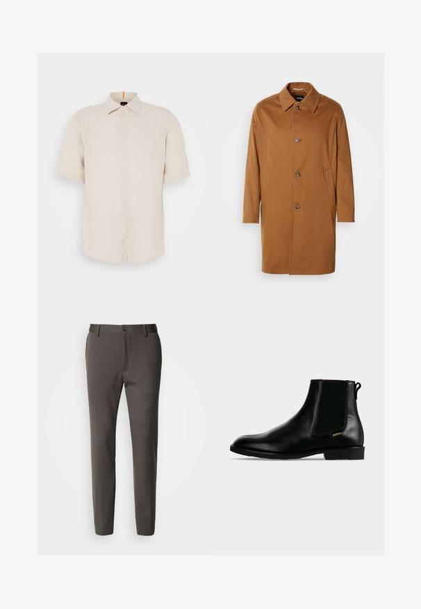 Brun trenchcoat med krave, to sidelommer og tre frontknapper. Fremstillet af glat stof og med et lige snit.; Kortærmet skjorte i lysebeige linned med kravlet krave, forreste knapper og en lige kant. Har en subtil tekstur.; Slim-fit bukser i mørkegrå stof med flad front, bæltestropper og en enkelt knaplukning i taljen. Glat tekstur.; Sort læder ankelstøvle med elastisk sidelæpanel, lav hæl, trækflig bagpå og lille gyldent "HUGO" logo på ydersiden.