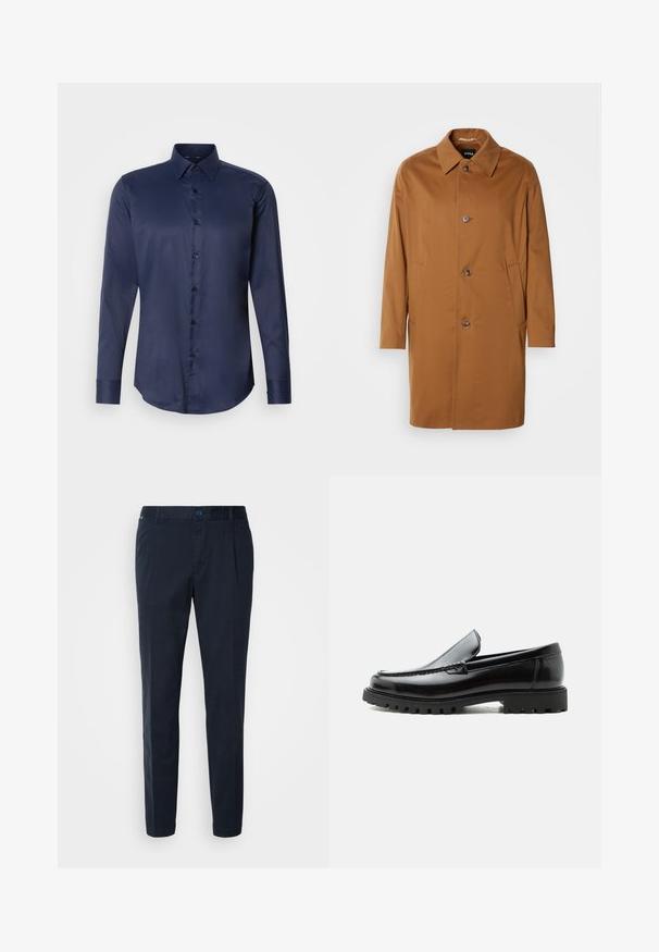 Bruine trenchcoat met een kraag, twee zijzakken en drie knopen aan de voorkant. Gemaakt van een gladde stof, met een rechte snit.; Navyblauwe herenoverhemd met lange mouwen, puntige kraag en knoopsluiting aan de voorkant, weergegeven op een eenvoudige witte achtergrond.; Navyblauwe broek van een katoenmix, met een rechte snit, plooien aan de voorkant en een knoopsluiting in de taille. Gladde textuur, geen patronen.; Zwarte leren loafer met dikke rubberen zool, gestikte bovenkant en gegraveerde merknaam op de hiel, zijaanzicht op witte achtergrond.