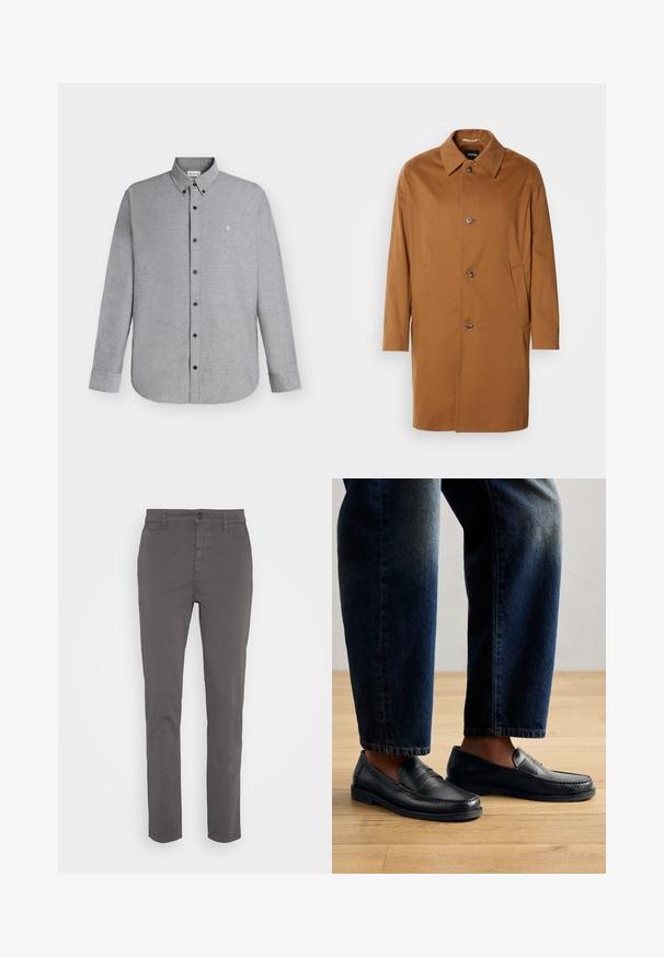 Abrigo trench marrón con cuello, dos bolsillos laterales y tres botones en la parte delantera. Está hecho de una tela suave y presenta un diseño de corte recto.; Camisa de manga larga color gris claro con cierre de botones y cuello abotonado, con un pequeño logo "cK" bordado en el pecho izquierdo.; Chinos grises con un corte ajustado, fabricados en algodón transpirable. Cuenta con un cierre de botón y bolsillos laterales, con un acabado suave y mate.; Mocasines de cuero negro con detalles de costura y acentos texturizados, combinados con denim oscuro, mostrando un diseño casual y estilizado.