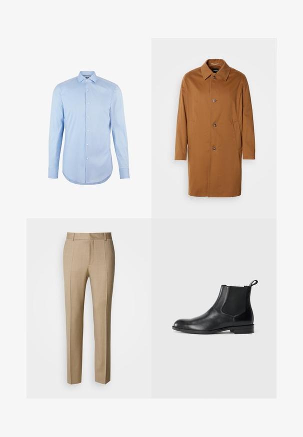 Abrigo trench marrón con cuello, dos bolsillos laterales y tres botones en la parte delantera. Está hecho de una tela suave y presenta un diseño de corte recto.; Camisa de manga larga azul claro confeccionada en algodón, con cuello de punta, botones en la parte frontal y dobladillo redondeado. Textura suave sin patrones.; Pantalones beige a medida con tela texturizada, corte plano y piernas rectas. Cuenta con bolsillos laterales y trabillas para cinturón, ofreciendo un aspecto pulido.; Botín negro de cuero hasta el tobillo con paneles elásticos a los lados, punta redondeada y lengüeta. Textura suave, suela plana, diseño minimalista.