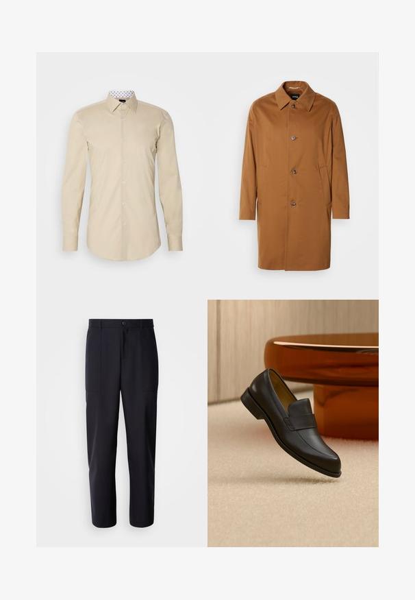 Abrigo trench marrón con cuello, dos bolsillos laterales y tres botones en la parte delantera. Está hecho de una tela suave y presenta un diseño de corte recto.; Camisa de manga larga beige hecha de tela suave. Presenta un cuello clásico y un interior de cuello blanco en contraste con puntos negros.; Pantalones oscuros de navy, confeccionados en un tejido suave, con un diseño de pierna recta, dos bolsillos laterales y un cierre de botón en la cintura.; Zapato mocasín de cuero negro con tacón bajo flotando sobre suelo alfombrado beige cerca de una mesa redonda marrón.