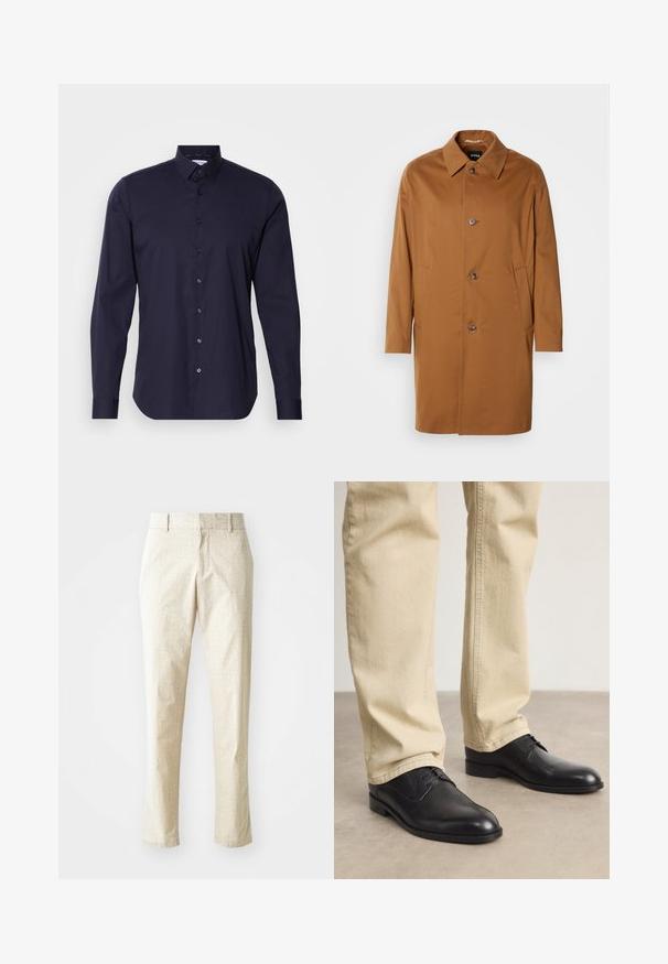Brauner Trenchcoat mit Kragen, zwei Seitentaschen und drei vorderen Knöpfen. Hergestellt aus glattem Stoff, mit einem geraden Schnitt.; Dunkelblaue Button-Down-Bluse mit langen Ärmeln, klassischem Kragen und schlanker Passform. Aus glattem Stoff mit einem dezenten Logo auf der Brust.; Hellbeige maßgeschneiderte Hose mit strukturiertem Muster, geradem Beinanschnitt und mittelhoher Taille, mit Gürtelschlaufen und ohne sichtbare Taschen.; Schwarze Leder Schnürschuhe mit runder Zehenform, glatter Oberfläche und dezenten Nähdetails, getragen mit hellbeigen Hosen.