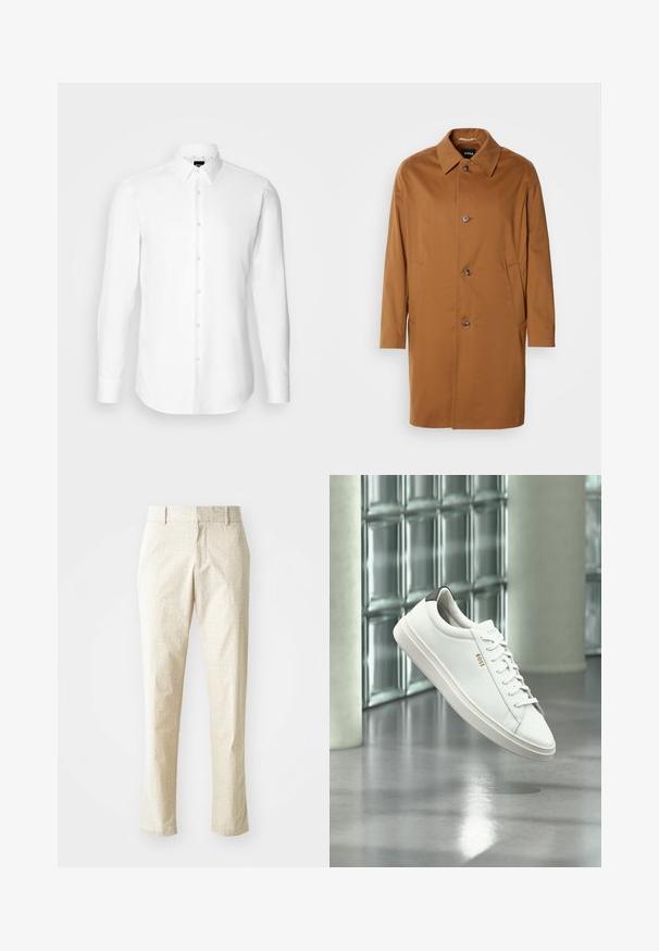 Abrigo trench marrón con cuello, dos bolsillos laterales y tres botones en la parte delantera. Está hecho de una tela suave y presenta un diseño de corte recto.; Camisa blanca de manga larga, con cierre de botones en el frente, cuello clásico, confeccionada con una tela suave con una textura sutil, diseñada para un ajuste entallado.; Pantalones tailored en beige claro con un patrón texturizado, corte recto y una cinturilla de altura media, que cuentan con trabillas para el cinturón y sin bolsillos visibles.; Zapatilla deportiva de piel blanca de corte bajo con cordones, lengüeta negra en el talón y logo "BOSS", flotando en interiores cerca de una pared de bloques de vidrio y suelo pulido.