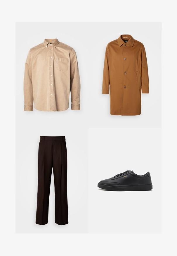 Pruun trench coat kraega, kahe külgtasku ja kolme esimbutiga. Valmistatud siledast kangast, sirge lõikega.; Beige nööbiga särk, millel on krae, pikad varrukad ja üks rinna tasku. Valmistatud pehmest kangast, millel on sile tekstuur ja delikaatne õmblus.; Kohvitatud ülikonnatraurid, millel on sirge jalgekujundus, esiplaadiga, sujuva tekstuuri ja klassikaline vöökoht. Sobib ametlikuks kandmiseks.; Mustad nahkspordijalatsid siledast materjalist, ümarate varvastega, tasase kummist tallaga ja tooni sobivate paeltega. Küljes on kuldne "BOSS" bränding.