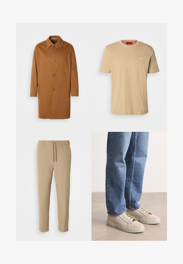 Bruine trenchcoat met een kraag, twee zijzakken en drie knopen aan de voorkant. Gemaakt van een gladde stof, met een rechte snit.; Beige katoenen t-shirt met een ronde hals, korte mouwen en een klein wit "HUGO" logo op de borst. Een gladde textuur zonder patronen.; Beige, taps toelopende broek met een elastische tailleband en een trekkoord. Glad materiaal met een strakke uitstraling en zonder zichtbare patronen of hardware.; BOSS GARYTENN_SDHDEL - Sneakers laag - natural ten