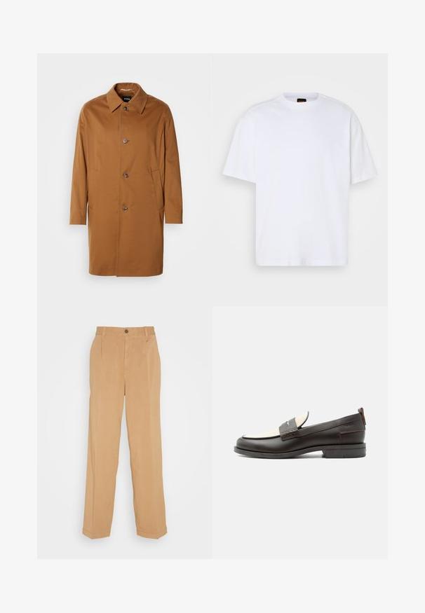Manteau beige avec un col, deux poches latérales et trois boutons à l'avant. Fabriqué en tissu lisse, présentant un design à coupe droite.; T-shirt en coton blanc avec un col rond, des manches courtes et une coupe décontractée. Les coutures épaules texturées ajoutent un détail supplémentaire.; Pantalons larges beiges en tissu doux, dotés de deux poches avant, d'une fermeture à bouton et de plis le long des jambes.; Mocassin homme en cuir marron foncé avec panneau en tissu écru et détail classique de bride cousue, semelle plate et languette au talon.