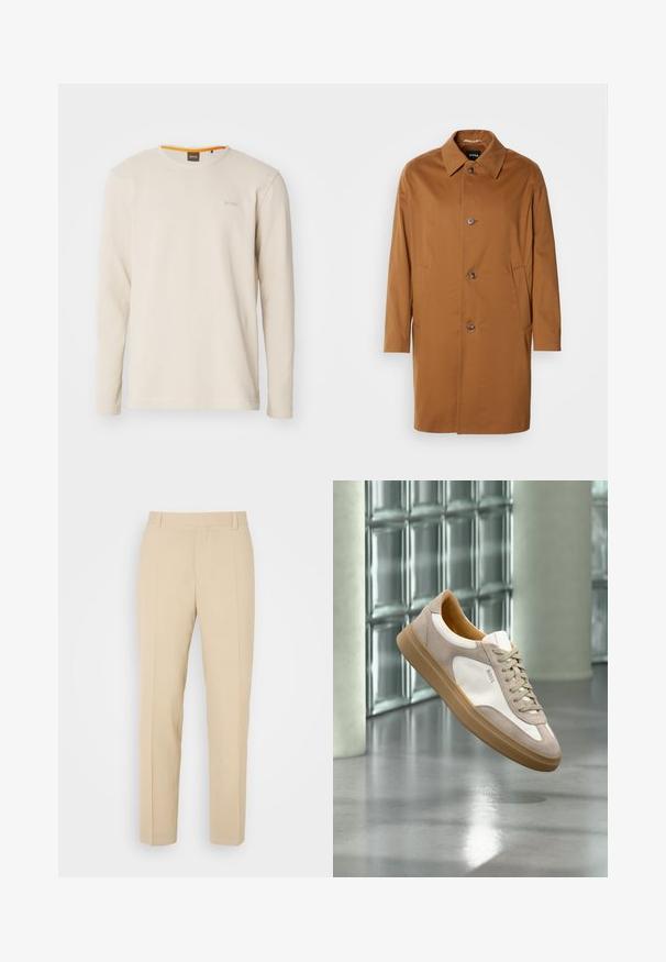 Bruine trenchcoat met een kraag, twee zijzakken en drie knopen aan de voorkant. Gemaakt van een gladde stof, met een rechte snit.; Lichtbeige langemouwen t-shirt gemaakt van gestructureerde stof. Heeft een ronde hals en een klein logo op de borst met een oranje accent binnen de kraag.; Beige op maat gemaakte broek met een recht gesneden ontwerp, gemaakt van lichtgewicht stof, met twee voorzakken en nette, geplooide vouwen.; Beige en witte sneaker met lichtbruine zool en "BOSS"-logo, zwevend boven een reflecterende gladde vloer met glazen blokkenmuur op de achtergrond.