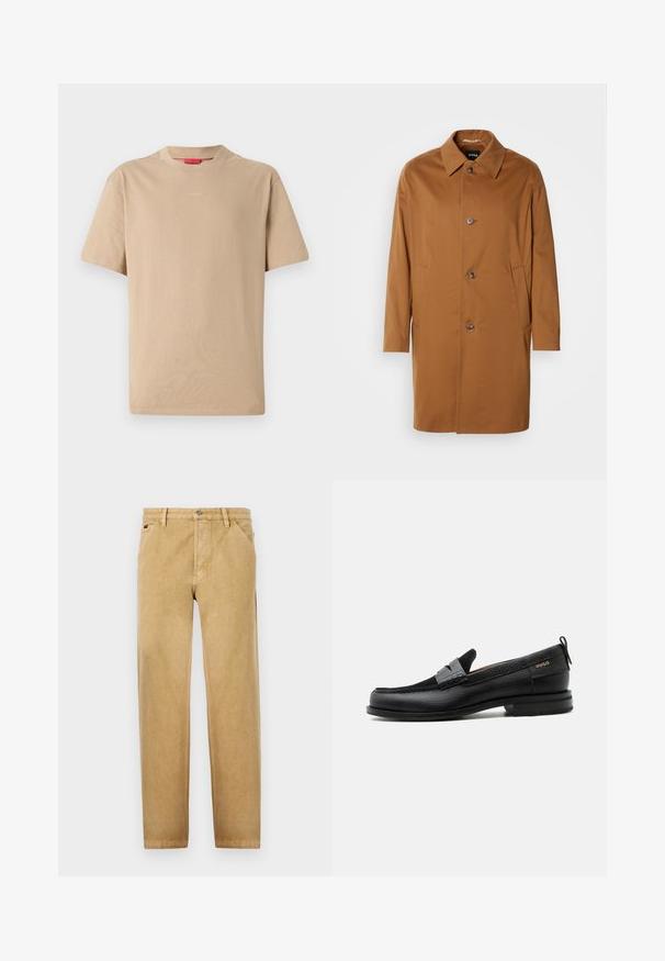 Brauner Trenchcoat mit Kragen, zwei Seitentaschen und drei vorderen Knöpfen. Hergestellt aus glattem Stoff, mit einem geraden Schnitt.; Beige Baumwoll-T-Shirt mit kurzen Ärmeln, Rundhalsausschnitt und dezentem "HUGO"-Logo in der Mitte. Angenehme Textur, legerer Schnitt.; Beige Chinos mit geradem Bein, aus weichem Stoff gefertigt. Verfügt über Fronttaschen, einen Knopfverschluss und dezente Nähte.; Schwarzer Lederloafer mit grauem Riemendetail, niedrigem Absatz und strukturierter Sohle, seitlich mit „HUGO“ in Gold gebrandmarkt.