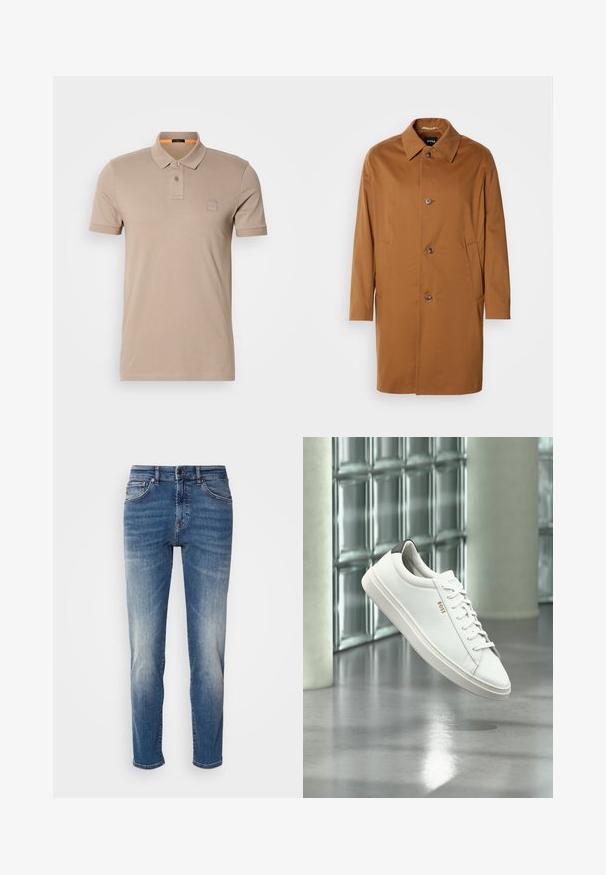Brauner Trenchcoat mit Kragen, zwei Seitentaschen und drei vorderen Knöpfen. Hergestellt aus glattem Stoff, mit einem geraden Schnitt.; Beiges Polo-Shirt aus Baumwolle mit einer Knopfleiste mit zwei Knöpfen, kurzen Ärmeln und einem dezenten Logoschild auf der Brust. Innenkragen in Orange akzentuiert.; Blaue Jeans aus Denim mit geradem Bein, leichter Ausbleichung, klassischer Fünf-Taschen-Stil und einem Reißverschluss mit Knopfverschluss.; Weißer Leder-Low-Top-Sneaker mit Schnürsenkeln, schwarzer Fersenschlaufe und „BOSS“-Logo, der drinnen nahe einer Glassteinwand und einem polierten Boden schwebt.