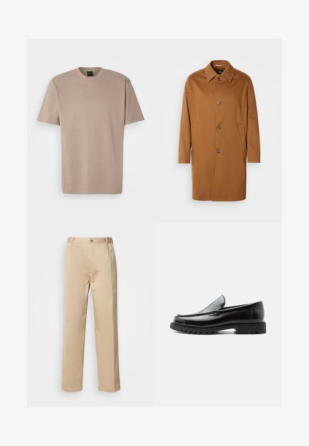 Abrigo trench marrón con cuello, dos bolsillos laterales y tres botones en la parte delantera. Está hecho de una tela suave y presenta un diseño de corte recto.; Camiseta de algodón suave color beige con mangas cortas y cuello redondo, que presenta un logo bordado de "BOSS" en el pecho.; Pantalones beige hechos de una tela ligera, con un diseño de pierna recta, cinturilla con trabillas y un solo botón en la parte frontal.; Mocasín de cuero negro con suela de goma gruesa, empeine cosido y nombre de la marca en relieve en el talón, mostrado en perfil lateral sobre fondo blanco.