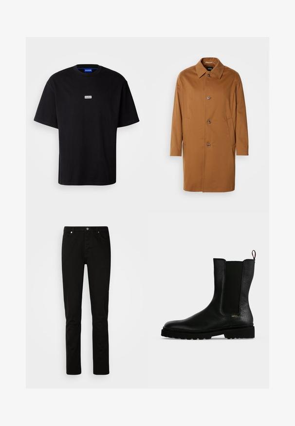 Brun trenchcoat med krave, to sidelommer og tre frontknapper. Fremstillet af glat stof og med et lige snit.; Sort bomulds t-shirt med rund hals, korte ærmer og et hvidt rektangulært "HUGO" logo på brystet. Glat overflade, afslappet pasform.; Sorte jeans med lige ben med foran knap- og lynlåslukning, for- og baglommer, vist på en lys ensartet baggrund.; Sort læderankelstøvle med elastisk sidepanel, chunky sål og trækflig bagpå, med et lille guld "Hugo" logo nær hælen.