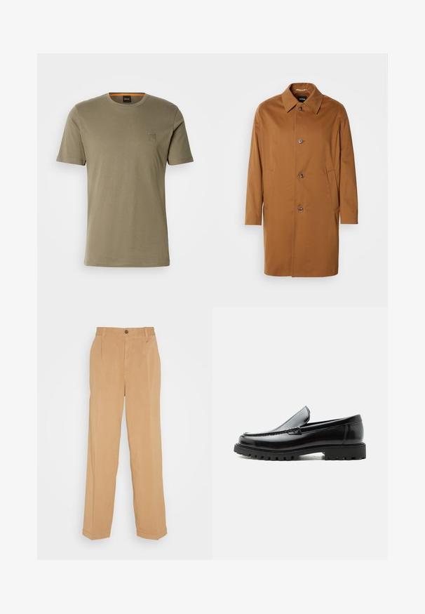Manteau beige avec un col, deux poches latérales et trois boutons à l'avant. Fabriqué en tissu lisse, présentant un design à coupe droite.; T-shirt vert olive à manches courtes en coton avec un col rond et un petit patch carré logo sur la poitrine gauche. Texture lisse.; Pantalons larges beiges en tissu doux, dotés de deux poches avant, d'une fermeture à bouton et de plis le long des jambes.; Mocassin en cuir noir avec semelle en caoutchouc épaisse, dessus cousu et nom de marque embossé sur le talon, présenté de profil sur fond blanc.