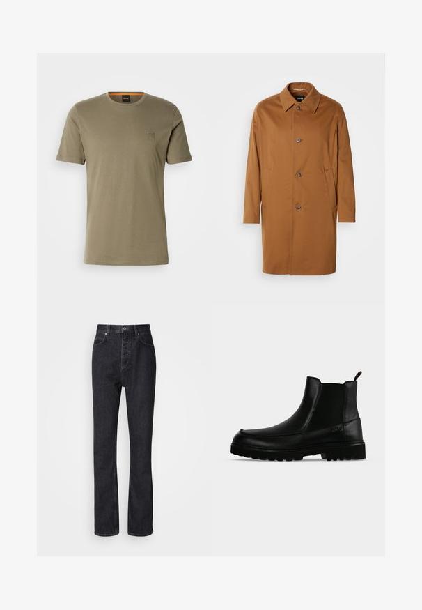 Brauner Trenchcoat mit Kragen, zwei Seitentaschen und drei vorderen Knöpfen. Hergestellt aus glattem Stoff, mit einem geraden Schnitt.; Olivegrünes Kurzarm-T-Shirt aus Baumwolle mit Rundhalsausschnitt und einem kleinen quadratischen Logopatch auf der linken Brust. Glatte Textur.; Hochtaillierte schwarze Jeans aus Denim mit Knopf- und Reißverschluss, Vorder- und Hintertaschen sowie einer geraden Passform.; Schwarzer Lederknöchelstiefel mit strukturierter Sohle, elastischen Seitenteilen und Zuglasche vor einem hellgrauen Hintergrund.