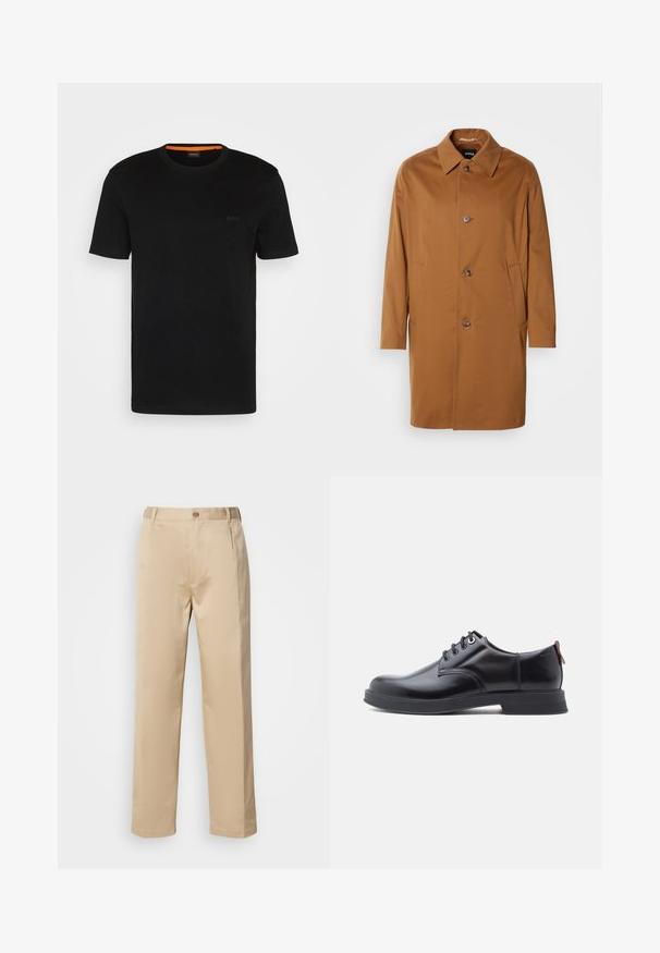 Manteau beige avec un col, deux poches latérales et trois boutons à l'avant. Fabriqué en tissu lisse, présentant un design à coupe droite.; T-shirt noir à manches courtes fabriqué en tissu doux, avec un col rond et un logo discret à l'avant. Le col intérieur comporte un accent orange.; Pantalons beiges en tissu léger, avec une coupe droite, une taille avec passants de ceinture et une fermeture à bouton sur le devant.; Chaussures en cuir noir à lacets avec une texture lisse, un bout arrondi et des détails de couture discrets. Présentent une languette rouge à l'arrière.