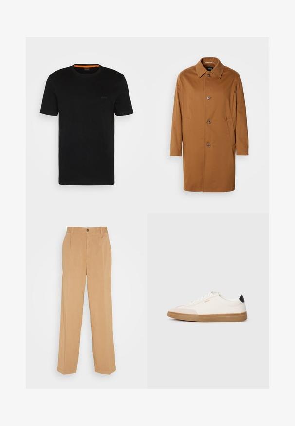 Manteau beige avec un col, deux poches latérales et trois boutons à l'avant. Fabriqué en tissu lisse, présentant un design à coupe droite.; T-shirt noir à manches courtes fabriqué en tissu doux, avec un col rond et un logo discret à l'avant. Le col intérieur comporte un accent orange.; Pantalons larges beiges en tissu doux, dotés de deux poches avant, d'une fermeture à bouton et de plis le long des jambes.; Des baskets blanches avec des accents beiges, un dessus en cuir lisse, un bout arrondi et une semelle en caoutchouc beige, avec une languette de talon noire et un branding subtil.