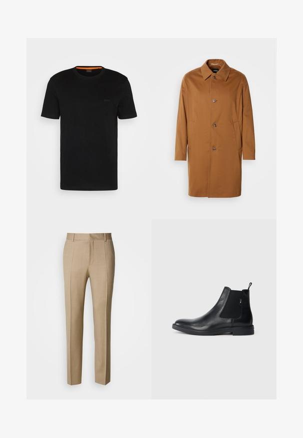 Bruine trenchcoat met een kraag, twee zijzakken en drie knopen aan de voorkant. Gemaakt van een gladde stof, met een rechte snit.; Zwarte korte mouwen t-shirt gemaakt van zachte stof, met een ronde halslijn en een subtiel logo op de voorkant. Binnenkant van de kraag heeft een oranje accent.; Beige op maat gemaakte broek met een gestructureerde stof, een vlak voorkant en rechte pijpen. Voorzien van zijzakken en riemlussen, voor een verzorgde uitstraling.; Zwarte leren Chelsea-boots met elastische zijpanelen, een treklipje en een vlakke rubberen zool. Gladde textuur met minimale details.