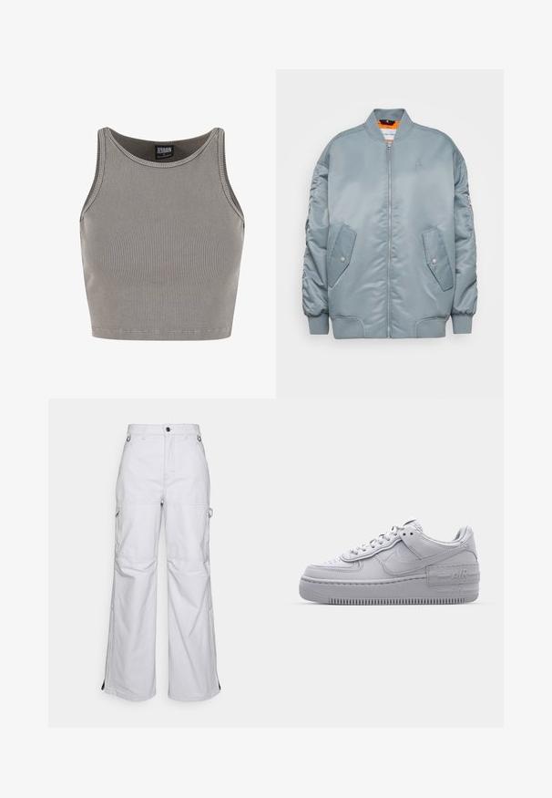 Veste bomber bleu clair avec fermeture éclair sur le devant, poignets côtelés et deux poches latérales. Présente une texture lisse et brillante ainsi qu'une doublure intérieure orange.; Urban Classics CROPPED - Débardeur - steelgrey; Pantalons cargo larges gris clair avec poches avant, passants de ceinture, poches zippées sur les côtés, détails de genou cousus et accents en métal en anneau à la taille.; Basket en cuir lisse gris Nike Air Force 1 avec un bout perforé, une semelle épaisse et un détail 'AIR' en relief sur le talon.