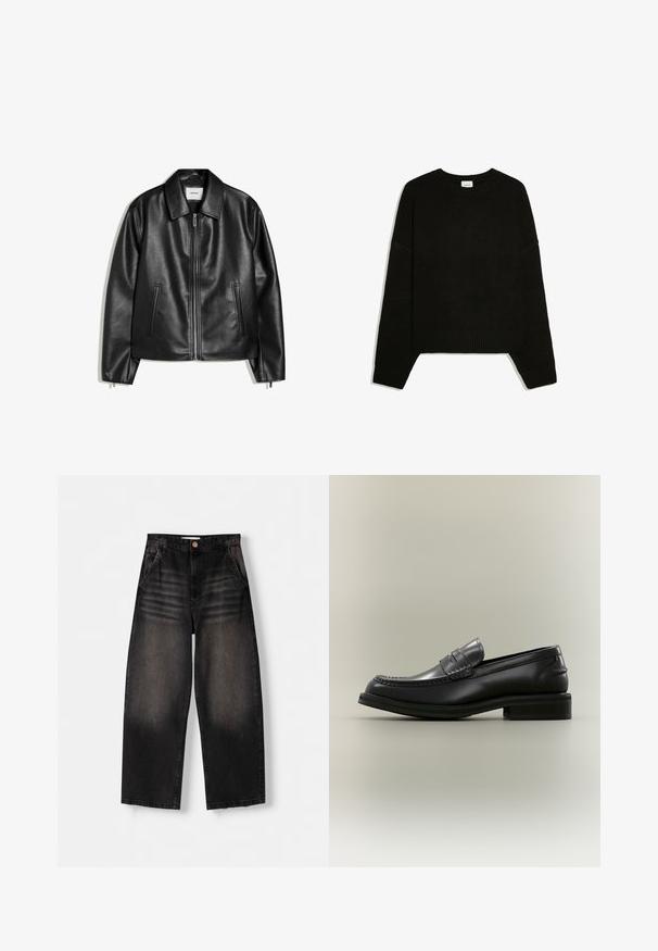 Veste en cuir noire avec col, fermeture éclair à l’avant et deux poches latérales verticales, posée à plat sur un fond blanc.; Pull noir à manches longues en maille avec poignets, ourlet et col rond côtelés, posé à plat sur fond blanc.; Jeans en denim noir à jambe large avec un design délavé, dotés de cinq poches, d'une fermeture à bouton et de détails de whiskering subtils sur le devant.; Mocassin penny en cuir noir avec un détail cousu et un petit talon empilé présenté sur un fond clair uni.