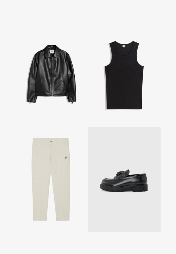 Veste en cuir noire avec col, fermeture éclair à l’avant et deux poches latérales verticales, posée à plat sur un fond blanc.; Débardeur noir en coton, doté d'un col rond et d'une coupe sans manches. Texture lisse sans motifs ni accents visibles.; Pantalons ajustés beige clair avec une texture subtile, dotés d'une fermeture à bouton et d'un emblème sombre brodé près de la poche.; Mocassin en cuir noir avec pampilles, semelle épaisse en caoutchouc et talon bas, présenté de profil sur un fond uni.