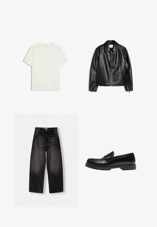 Veste en cuir noire avec col, fermeture éclair à l’avant et deux poches latérales verticales, posée à plat sur un fond blanc.; T-shirt blanc uni à manches courtes et col rond, posé à plat, en tissu lisse avec une coupe décontractée et sans motifs ni logos visibles.; Jeans en denim noir à jambe large avec un design délavé, dotés de cinq poches, d'une fermeture à bouton et de détails de whiskering subtils sur le devant.; Mocassin en cuir noir avec une semelle en caoutchouc épaisse et un détail classique de bride à monnaie, vu de côté extérieur.