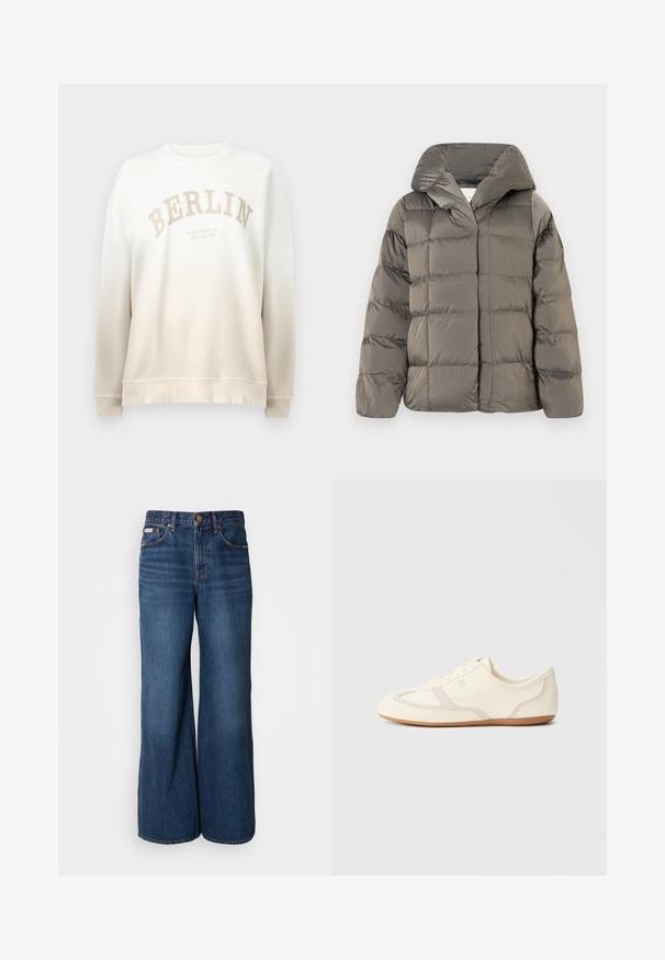 Grå quilted pufferjakke med stor hætte og frontlukning med trykknapper, præsenteret mod en simpel hvid baggrund.; Creme sweatshirt med gradientfade. Har "BERLIN" trykt i lys beige i en bue og ribbede manchetter og hals. Blød tekstur.; Bredde jeans lavet af mørkeblåt denim. Funktioner inkluderer en høj talje, fem lommer og kontrasterende orange syninger langs sømmene.; Sneakers i cremefarve med overdel i ruskind og stof, rundet tå og gummisål med beige detaljer. Snørelukning.