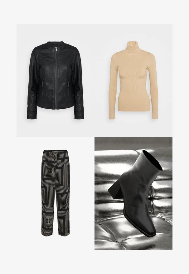 Chaqueta de cuero negra con cierre frontal, dos bolsillos delanteros con cremalleras, acentos texturizados en los hombros y puños de manga acanalados.; Suéter de punto beige con cuello alto y mangas largas, que presenta una silueta ajustada y una textura suave. Sin hardware ni patrones visibles.; Pantalones negros con un patrón geométrico de líneas y cuadrados blancos, diseñados con una cintura ajustable y un corte de pierna ancha.; Botín negro de tobillo hecho de material brillante, con punta cuadrada y tacón cónico, contra un fondo plateado brillante con almohadillado.