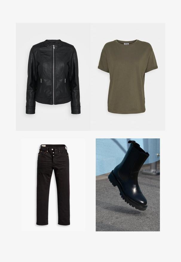 Sorte læderjakke med lynlås foran, to frontlommer med lynlås, teksturerede skulderdetaljer og ribbede ærmekanter.; Noisy May NMBRANDY - T-shirts basic - kalamata; Sorte lige jeans med knaplukning, front- og baglommer samt kobbernitte detaljer på en hvid baggrund.; Sort ankelstøvle i læder med elastiske sidepaneler, rund tå og en tyk, tekstureret sål. Glat finish med et minimalistisk design.
