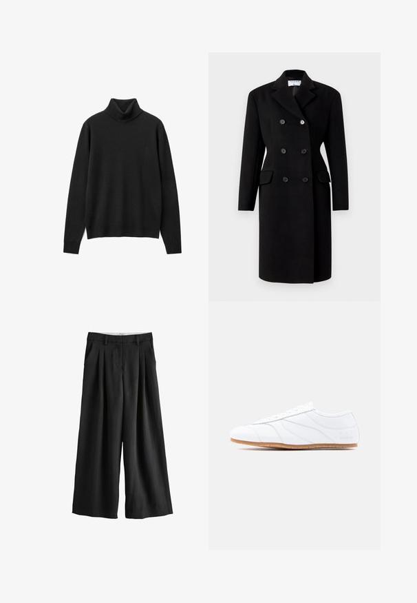 Manteau noir croisé à col structuré, avec deux poches avant et des fermetures à boutons. Fabriqué en tissu mélangé de laine.; Pull à col roulé noir en tricot doux. Doté de manches longues, d'une coupe décontractée et d'un design à col haut. Pas de motifs ni d'ornements.; Pantalon noir à jambes larges avec passants de ceinture, plis devant et poches latérales, présenté sur fond blanc.; Baskets basses blanches à lacets, tige en cuir lisse, panneaux subtilement cousus et semelle en caoutchouc marron clair.