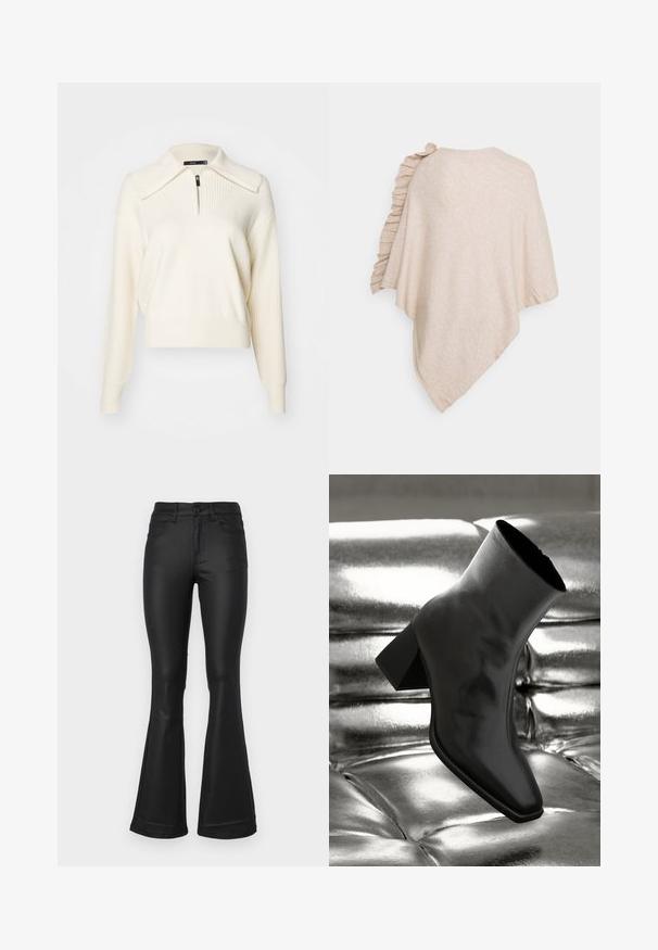Beige poncho, jossa on pehmeä, teksturoitu kangas. Yhdellä olkapäällä röyhelökoriste ja laskostettu, epäsymmetrinen helma.; Kreemivärvi kudum, millel on tõmblukuga kaelus, ribakujuline tekstuur, pikad varrukad ja lõdvestunud lühem fit. Aktsentide seas on ka õmbluste detailid.; Mustat leveälahkeiset farkut, jotka on valmistettu sileästä kankaasta. Ominaisuuksiin kuuluvat viisi taskua, istuva vyötärö ja leveä lahkeensuuli.; Musta nilkkuri, joka on valmistettu kiiltävästä materiaalista, jossa on neliömäinen kärki ja kapeahko kanta, asetettuna kiiltävän hopean tuftatun taustan eteen.
