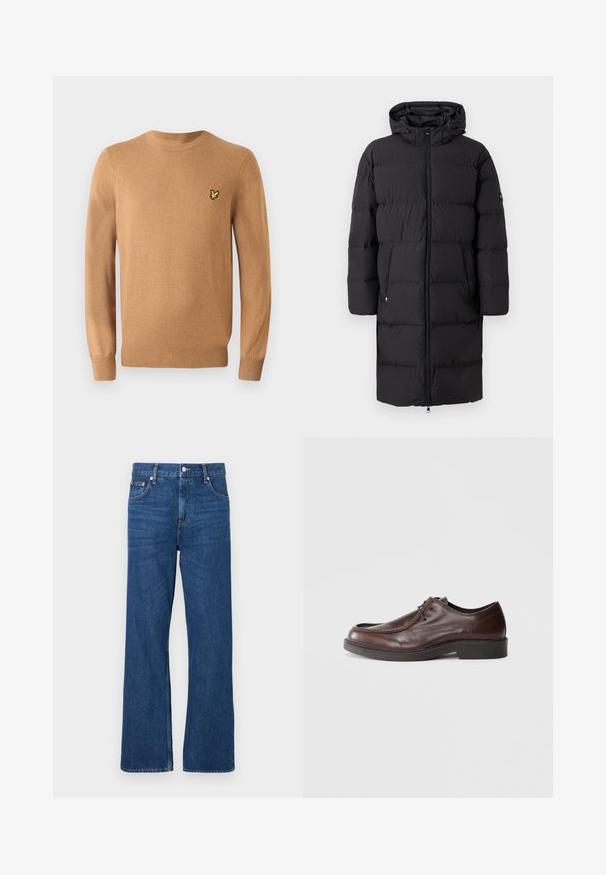 Sort polstret jakke med hætte, lynlåslukning og to sidelommer. Har en quiltet tekstur og et logo patch på ærmet.; Lysbrun strikket sweater med lange ærmer og ribbede manchetter; har et lille gult fuglelogo på venstre bryst.; Blå denimjeans med vid benedesign, der har en klassisk knap- og lynlåslukning samt fem lommer. Karakteristisk falmet tekstur overalt.; Brune lædersko med rund tå, minimal syning og en solid sort sål. Har snørelukning og en glat overflade.