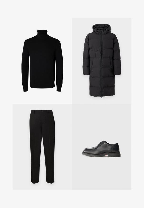 Sort polstret jakke med hætte, lynlåslukning og to sidelommer. Har en quiltet tekstur og et logo patch på ærmet.; Sort langærmet rullekrave sweater med rib manchetter og kant, vist på en ensartet hvid baggrund.; Sorte skræddersyede bukser med et straight-leg design, der har lukning med knap og subtil tekstur. Ingen synlige mønstre eller accenter.; Sorte lædersko med glat tekstur, rund tå og lav, præget syning. Tykk gummisål med let hæl og skridsikker mønster.