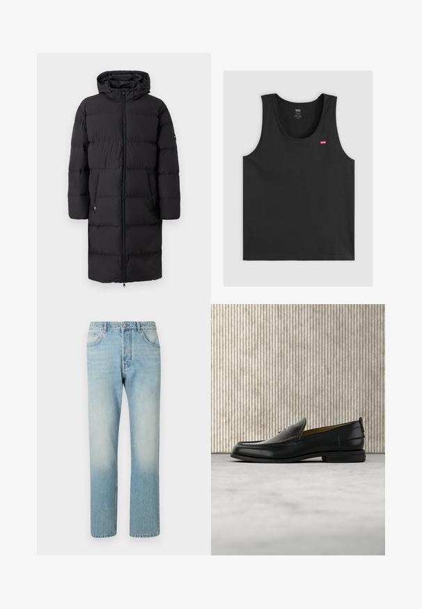 Sort polstret jakke med hætte, lynlåslukning og to sidelommer. Har en quiltet tekstur og et logo patch på ærmet.; Sort Levi's ærmeløs top med rund halsudskæring og lille rødt Levi's-logo på venstre bryst.; Lyseblå jeans lavet af denim, med et lige ben-design, fem lomme-struktur og falmet vaskeffekt ved lårene.; Sort læder herreloafer med krokodillepræget forstykke og lav hæl, vist i profil på en neutral baggrund.