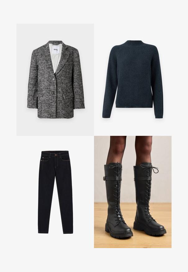 Blazer noir et blanc à motif en chevrons avec deux boutons, revers crantés, poches à rabat et doublure intérieure gris clair.; Pull en maille côtelée bleu marine avec des manches longues, un col rond et un design texturé. Il présente une coupe décontractée et n'a pas d'accessoires visibles.; Jean en denim bleu foncé avec une coupe slim, présentant des coutures orange, cinq poches et une fermeture à bouton à la taille.; Bottes montantes en cuir noir, à lacets, avec un design jusqu'au genou, bout rond, semelle épaisse et texturée, et détail décoratif de courroie latérale et quincaillerie.