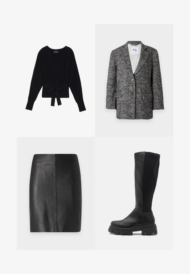 Blazer noir et blanc à motif en chevrons avec deux boutons, revers crantés, poches à rabat et doublure intérieure gris clair.; Pull à manches longues noir, enroulé, avec une texture côtelée et une ceinture en tissu nouée en un noeud à la taille.; Jupe en cuir noir avec une coupe ajustée et une texture lisse, présentant une couture centrale à l'avant et une silhouette épurée et minimaliste.; RAID WILMA - Bottes à plateau - black