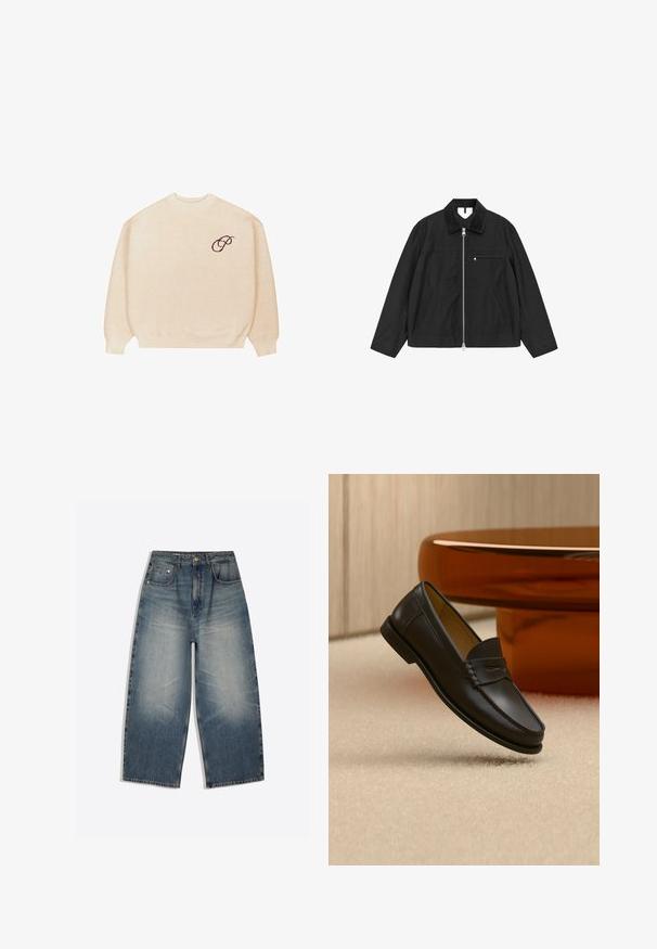 Veste noire à fermeture éclair avec un col en velours côtelé, des poches latérales et une poche poitrine, présentant une texture lisse et une coupe décontractée.; Pull en beige à col rond avec des manches longues et des bords côtelés, arborant un petit script brodé en noir "P" sur la poitrine gauche.; Jean en denim bleu à jambes larges avec devant délavé, design cinq poches, passants de ceinture et fermeture par bouton, posé à plat sur fond blanc.; Chaussure mocassin en cuir noir suspendue au-dessus d’un tapis beige avec du mobilier moderne couleur ambre en arrière-plan.