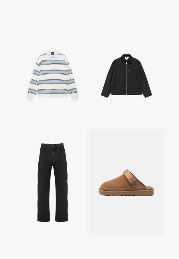 Veste noire à fermeture éclair avec un col en velours côtelé, des poches latérales et une poche poitrine, présentant une texture lisse et une coupe décontractée.; Polo à manches longues avec col blanc et rayures horizontales en bleu clair, blanc et fines lignes noires.; Jean en denim noir avec une coupe droite, doté d'une taille à bouton, d'un design à cinq poches et d'une broderie discrète de la marque sur le devant.; Sabots en suède beige à enfiler, avec une forme arrondie et une sangle à l'arrière. Semelle en caoutchouc avec un motif de semelle texturé pour une meilleure adhérence.