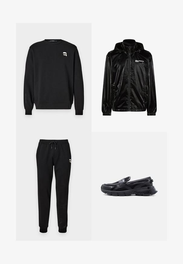 Sort blank hættejakke med frontlynlås, elastiske manchetter, sidelommer og "KARL LAGERFELD JEANS" logo på brystet.; Sort sweatshirt med rund halsudskæring, ribbede manchetter og smæk. Har et lille grafisk motiv på brystet og mærkets navn trykt påærmet.; Sorte sweatpants med elastisk talje og justerbar snor. Har ribbede manchetter og en lille grafikdetalje på den øverste del af benet.; Sort slip-on sneaker med tyk tekstureret sål og meshpaneler, designet til afslappet og atletisk brug.