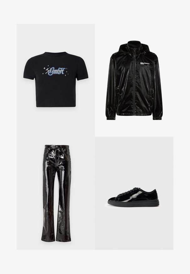 Zwarte glanzende gewatteerde jas met kap, ritssluiting aan de voorkant, elastische manchetten, zijzakken en het "KARL LAGERFELD JEANS" logo op de borst.; Zwart cropped t-shirt van katoen met een ronde halslijn, voorzien van een blauw-wit "GmbH" logo omringd door kleine sterren, bedrukt op de voorkant.; Zwarte, hooggesneden, uitlopende broek van glanzend vinyl met zijzakken, een ritssluiting en zichtbare stikdetails.; Zwarte gepatineerde leren sneakers met een ronde neus, zwarte rubberen zool en vetersluiting. Glad textuur en minimalistische accenten.