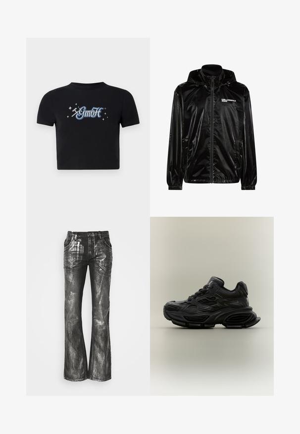 Schwarze glänzende Kapuzenjacke mit Frontreißverschluss, elastischen Bündchen, Seitentaschen und dem "KARL LAGERFELD JEANS" Logo auf der Brust.; Schwarzes, kurzes T-Shirt aus Baumwolle mit rundem Ausschnitt, das auf der Vorderseite ein blaues und weißes "GmbH"-Logo zeigt, umgeben von kleinen Sternen.; Schwarze Jeans mit weitem Beinschnitt und glänzender, silberner Oberfläche, ausgestattet mit vier Taschen und sichtbaren Nähten. Die Textur zeigt einen gebürsteten, metallischen Effekt.; Schwarzer klobiger Sneaker mit strukturiertem Design, dicker Sohle und Schnürverschluss vor schlichtem neutralem Hintergrund.