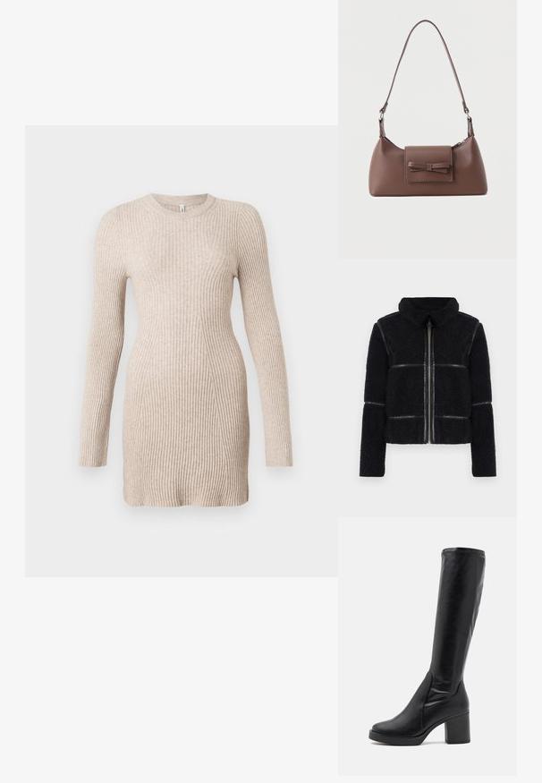 Veste en polaire noire avec un col haut, fermeture éclair avant et accents en cuir lisse. Présente une surface texturée et une silhouette structurée.; Robe pull longue en tricot côtelé beige à manches longues, avec une taille cintrée et un col rond sur fond blanc.; Bottes noires montantes en cuir lisse avec un large talon et un bout arrondi. Présente un design sans couture et des accents de couture discrets.; Sac à bandoulière en cuir marron avec une poche à rabat avant ornée d'un détail en forme de nœud cousu et une sangle réglable.