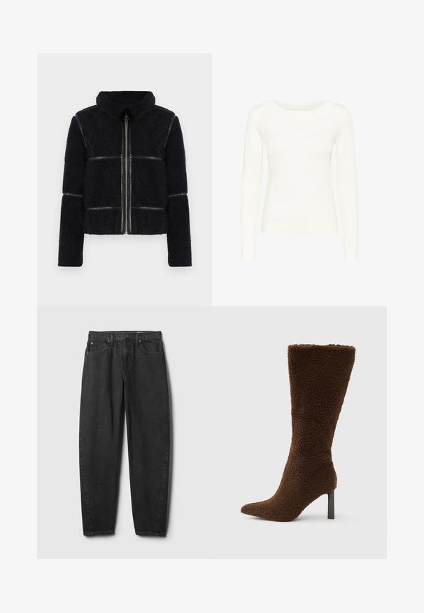 Schwarze Fleecejacke mit hohem Kragen, Frontreißverschluss und glatten Lederelementen. Verfügt über eine strukturierte Oberfläche und eine definierte Silhouette.; Weißes Langarmoberteil mit Rundhalsausschnitt, aus einem glatten, leichten Stoff gefertigt. Verfügt über ein figurnahes Design mit minimalen Nähten.; Schwarze Jeans aus Denim mit geradem Beinverlauf, ausgestattet mit fünf Taschen, einem Knopfverschluss und dezenten Ziernähten. Klassisches Design und Textur.; Brauner Stiefel mit Absatz aus einem strukturierten, flauschigen Material. Verfügt über eine spitze Zehenpartie und einen schmalen, quadratischen Absatz. Vertikales Design mit hohem Schaft.
