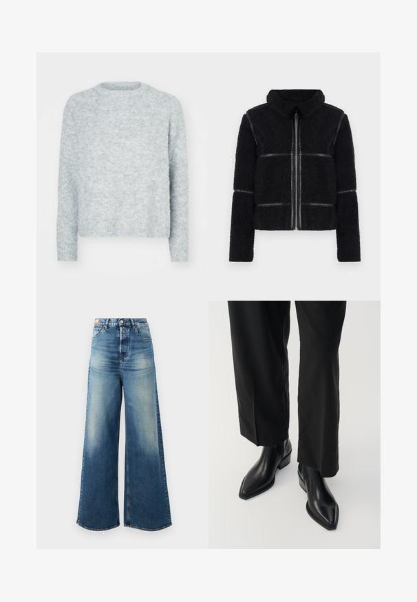 Zwarte fleecetrui met een hoge kraag, ritssluiting aan de voorkant en gladde leren accenten. Heeft een gestructureerd oppervlak en een gestructureerde silhouet.; Lichtgrijze pullover met ronde hals, lange mouwen en een zachte, gestructureerde afwerking. Geen zichtbare patronen of hardwaredetails.; Wijde blauwe denim jeans met een vervaagde afwerking, hoge taille en klassiek vijf-pocket ontwerp. Voorzien van koperen hardware en rafelige zomen.; Zwarte leren enkellaarzen met een spitse neus, een gladde textuur en een vierkante hak. Gecombineerd met zwarte, wijde broekspijpen, wat een stijlvolle silhoutte creëert.
